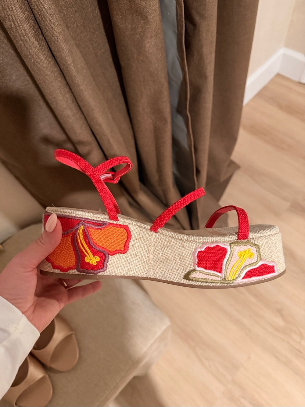 Larroude Red Floral Embroidered Platform Sandals